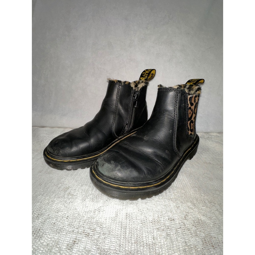 Dr Martens Kids Black Leather Leopard Fur Lined Chelsea‎ Boots